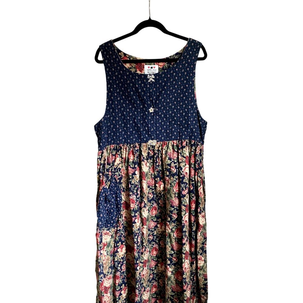 Vintage 90's Calico Dainty Floral Blue Maxi Dress Medium Whimsygoth Cottage Folk